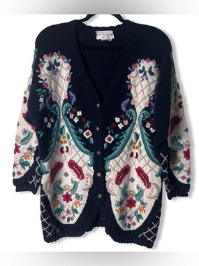 Vtg Jennifer Reed Knitted By Hand Floral Embroidered Cardigan Navy Sz. M